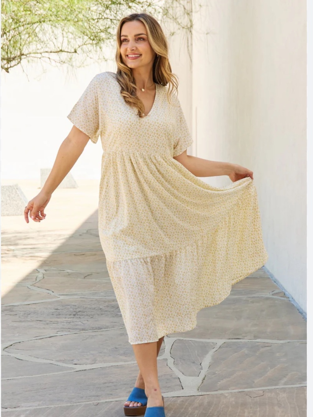 Heyson Romantic Cream Yellow Floral V-Neck Elastic Waist Midi Dress
